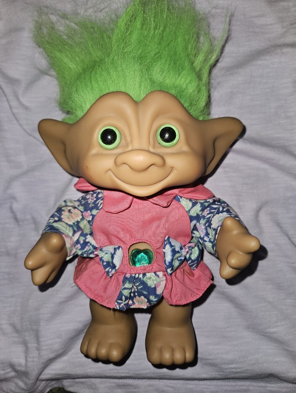 Vintage 90s Ace Novelty Treasure Troll Doll 8" Green Hair Eyes Wishstone Dress